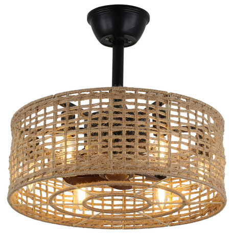 20” Rattan Boho Caged Ceiling Fan Reversible Motor Fandelier with Lights, Brass
