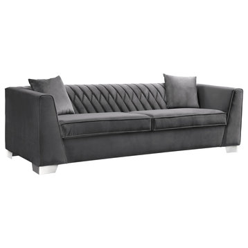 Cambridge Contemporary Sofa, Brushed Stainless Steel and Dark Gray Velvet