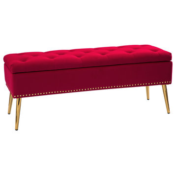 Button-tufted Storage Bench with Nailhead Trim, Red