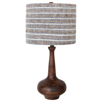 Mango Wood Table Lamp With Woven Cotton and Linen Striped Shade