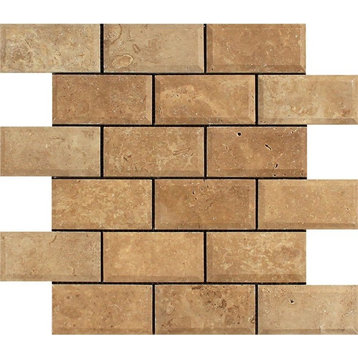 Noce Travertine Deep-Beveled Brick Mosaic, 2 X 4 Tumbled