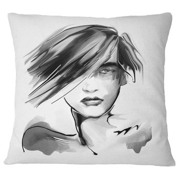 Young Woman Black White Abstract Portrait Throw Pillow, 18"x18"