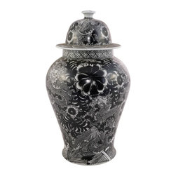 Belle & June - Black and White Temple Jar with Dragon and Floral Motif - Vases