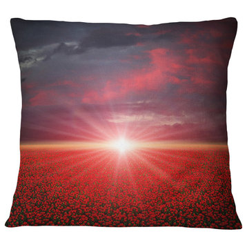Red Poppies Field at Sunset Modern Landscape Printed Throw Pillow, 16"x16"