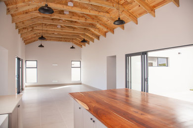 Inspiration for a mid-sized country formal and open concept exposed beam living room remodel in Other