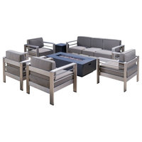 Coral Bay Outdoor Aluminum 7 Seater Chat Set With Fire Pit, Dark Gray