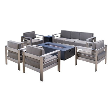 Coral Bay Outdoor Aluminum 7 Seater Chat Set With Fire Pit, Dark Gray