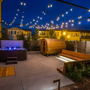 サンディエゴのコンテンポラリースタイルのおしゃれな裏庭のテラス (屋外シャワー、コンクリート板舗装	) の写真