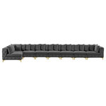 Meridian Furniture - Tremblay Modular Sectional, Grey, L-Shaped, 8-Piece: Armless (6), Corner (2) - Lean back and relax on this Tremblay sectional. Featuring soft grey velvet upholstery with deep button tufting, this sectional adds a bold touch to any living space. A complete set of gold and chrome legs are included, so you can change it up to suit your home decor. This sectional is modular, so you can create infinite configurations with it, which are easily attached using the latch underneath the frame. Its contemporary design is perfect for the modern home.