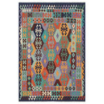 Bareens Designer Rugs - Rustic Turkish Kilim Flores Hand-Woven Wool Rug - 5'6'' x 7'7'' - Elevate the elegance of your home with this stunning hand-woven tribal Kilim wool rug. Meticulously crafted on a loom by the Nomad Turkman people using hand-spun wool and 100% natural vegetable dyes, these rugs are recognized for their repetitive geometric patterns, incorporating naturalistic floral and traditional designs. The contemporary fashion palette results in bold, sharp patterns that are incredibly versatile, as the pattern is the same on both sides. These reversible rugs feature a lighter shade on one side and brighter colors on the other, providing versatility according to preference. These unique rugs are made by knotting short strands of different colors onto the warps and securing them by tightly pressing the wefts. The designs are created by interweaving the various colored wefts and warps. Kilims are known for their exceptional durability and versatility, making them truly unique rugs.  Product Details    Rug Size: 5'6'' x 7'7''  Material: 100% Wool  Style: Kilim, Flat Weave, Dhurrie, Turkish, Southwestern, Rustic, Tribal  Colors: Rust, Blue  Weave Type: Hand-Woven, Handmade  Pile Height: Less than 0.25 inch