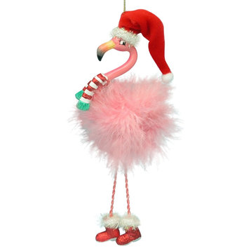 Kurt Adler Pink Flamingo in Santa Hat and Pink Boa Feathers Holiday Ornament