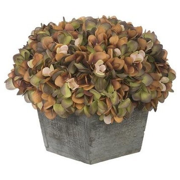 Artificial Coffee/Sage Hydrangea in Grey-Washed Wood Cube