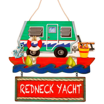 Funny Redneck Yacht Green Camper on Barge Wood 13 Inch Wall Plaque Decor