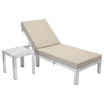 Leisuremod Chelsea Outdoor Gray Lounge Chair With Side Table & Cushions, Beige