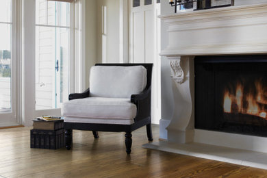 Family room - shabby-chic style medium tone wood floor and brown floor family room idea in Houston