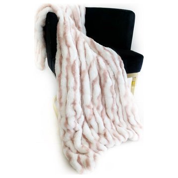 White Pink Snow Chinchilla Faux Fur Luxury Throw Blanket, Blanket 90Lx90W Full