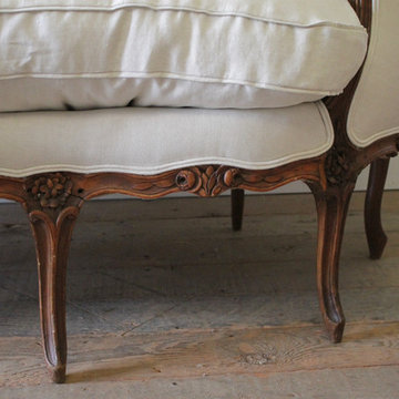 19th Century Carved Walnut Louis XV Style French Sofa Upholstered Belgian Linen