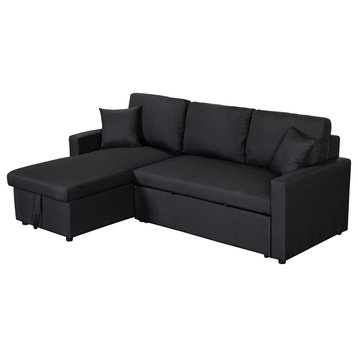 Paisley Linen Reversible Sleeper Sectional Sofa With Storage Chaise, Black