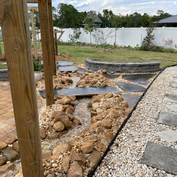 Backyard Oasis Running Stream Water Feature, Pergola, Arbor, Paver Patio, & Wall