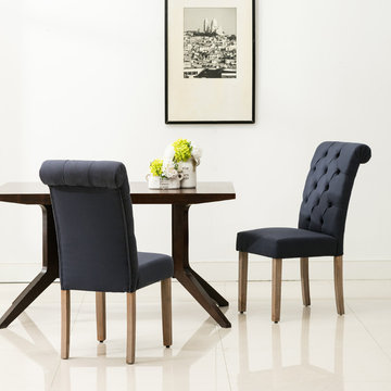 Natalie Roll Top Tufted Linen Fabric Modern Dining Chair (Set of 2)