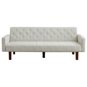 Mid Century Convertible Futon, Diamond Button Tufted Back & Track Arms, Beige