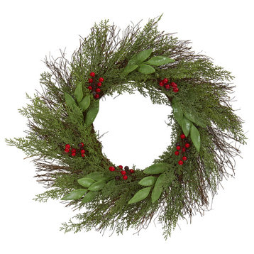 20" Cedar and Ruscus With Berries Artificial Wreath