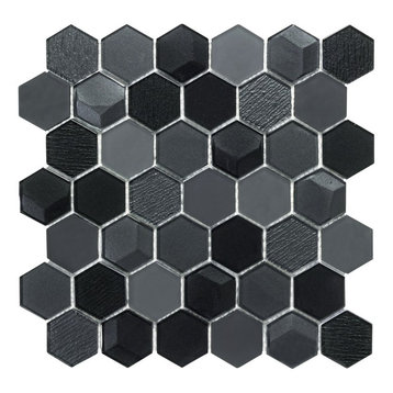MTO0256 Modern Faceted Hexagon Black Glossy Glass Mosaic Tile