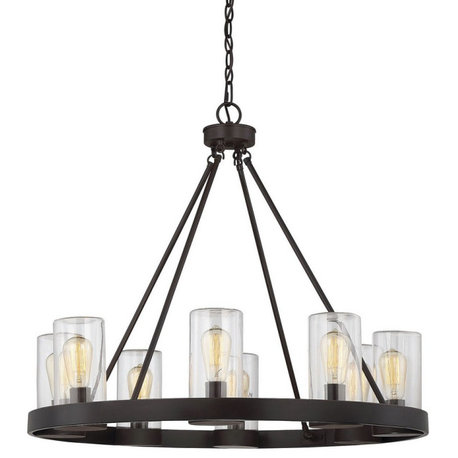 Wagon Wheel 8-Light Outdoor Round Chandelier in English Bronze Clear Cylinder