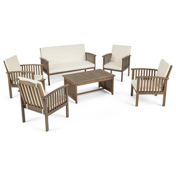 GDF Studio Parry Outdoor 6-Seater Acacia Wood Chat Set, Gray Cream
