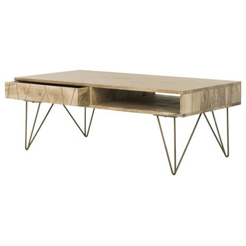 Retro Coffee Table, Hairpin Legs With Mango Wood Top & Drawer, Natural/Brass