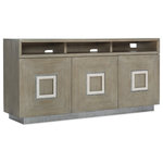 Hooker Furniture - Affinity Entertainment Console - Casual, natural and tactile, the Affinity Entertainment Console is constructed of Oak Veneers with a greige sand-blasted finish on Quartered Oak Veneers with pewter hardware and antique white accents. Featuring 3 doors with soft-close hinges, the console has one adjustable shelf behind the left door and one adjustable shelf behind the pair of right doors. There are 2 partitions that create 3 open media storage areas. The partitions sit back 6 inches to allow for a sound bar. Ventilated back panel and an FC705 3-plug electrical outlet on the right side.