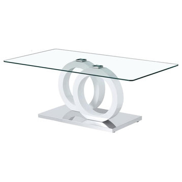 Modern Coffee Table, Circular Accented Base With Rectangular Glass Top, White