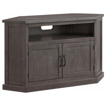 Rustic Corner TV Stand, Pine Wood Frame With Storage Cabinet, Open Cubby, Gray