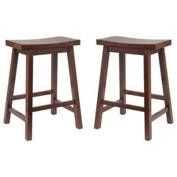 Home Square 2 Piece Solid Wood Saddle Seat Counter Stool Set in Antique Walnut
