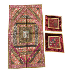 Vintage Zardozi Patchwork Tapestry Table Throw Wall Hanging With Cushion Cover