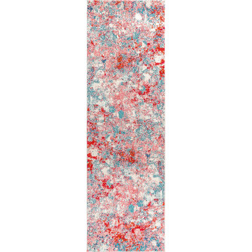 Contemporary POP Modern Abstract Area Rug, Blue/Red, 2 X 8