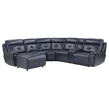 Bowery Hill 6-Piece Faux Leather Modular Reclining Sectional w/ Left Chaise-Blue