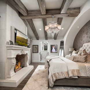 Geräumiges Modernes Hauptschlafzimmer mit beiger Wandfarbe, dunklem Holzboden, Tunnelkamin, Kaminumrandung aus Stein und braunem Boden in Phoenix