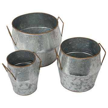 Galvanized Metal Round Planters, Set of 3, 9"x7.5", Industrial Silver