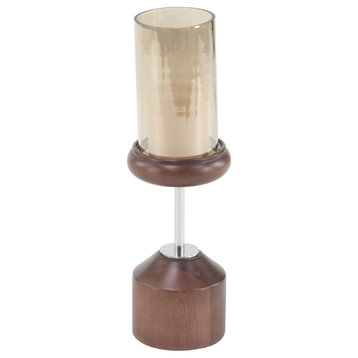 Traditional 17"x5" Wood, Stainless Steel and Glass Candle Holder