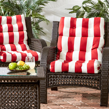 Wicker Woven Chairs with White and Red Stripe Cushions