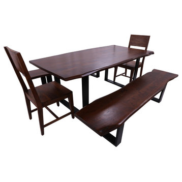 Solid Wood 5 Piece Dining Set With Metal Legs Table, Two Bench and Two Chairs