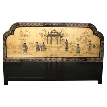 Gold Leaf Oriental Head Board With Mother of Pearl Pagoda Scene, Gold, 62"