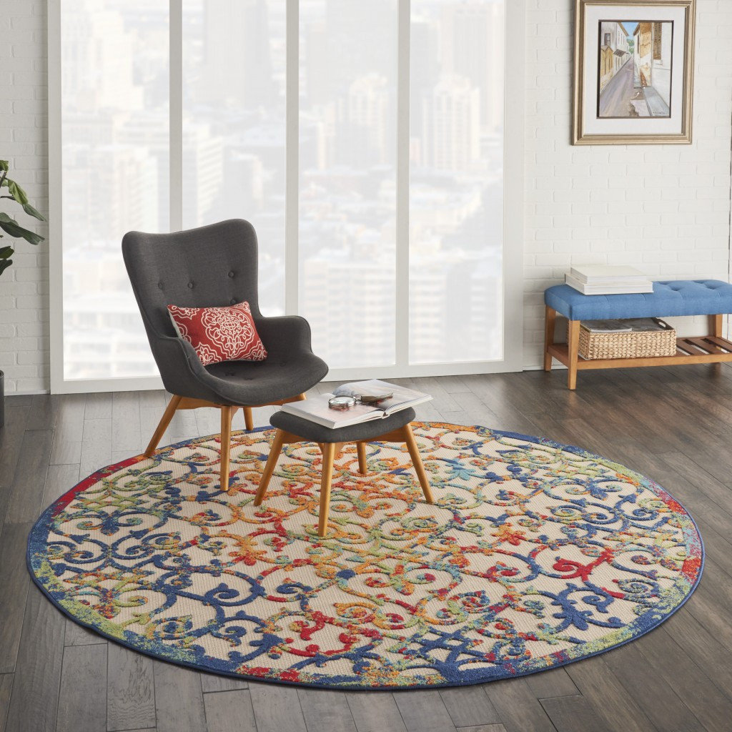 8' Round Ivory And Blue Round Floral Indoor Outdoor Area Rug ...