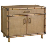 Tommy Bahama Home - Larimar Storage Chest - The storage chest features bamboo carved moldings with raffia door panels, drawer front and end panels. Its tapered feet have antique brass finished metal ferrules. Behind its two doors are two adjustable shelves.