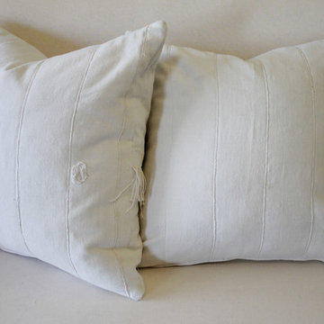 Pair of off White African Mudcloth Pillows with Original Fringe Accents