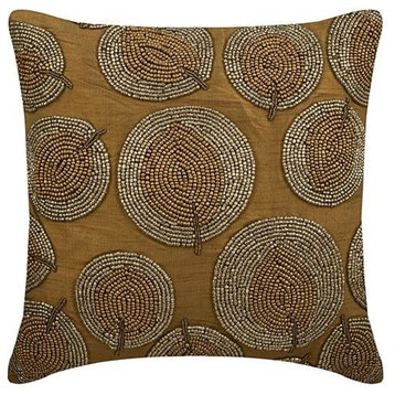 Gold European Pillow 24x24 Silk Leaf Beaded Modern Floral, Gold Round Leaves