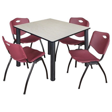 Kee 48" Square Breakroom Table, Maple, Black and 4 'M' Stack Chairs, Burgundy