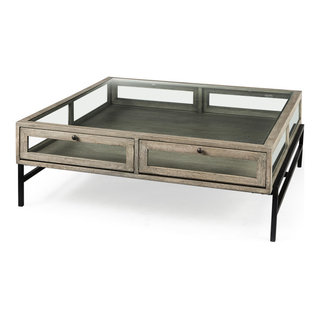 Arelius 42L x 42W x 15H Gray Wood W/ Black Metal Base Square Coffee ...