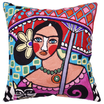 Frida Kahlo Inspired Pillow Cover Senorita Red Umbrella Hand Embroidered 18x18